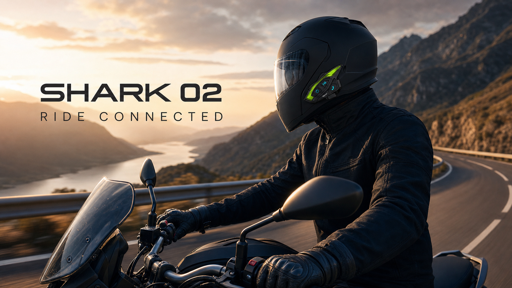 Rider wearing a Hysnox SHARK 02 helmet intercom on a mountain road at sunset