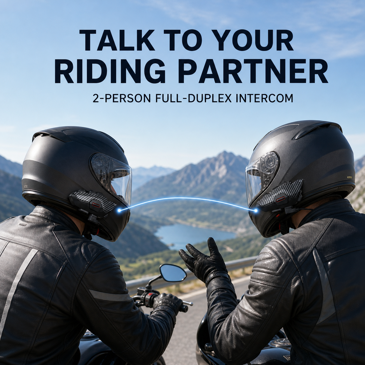 Two riders using a 2-person full-duplex motorcycle helmet intercom